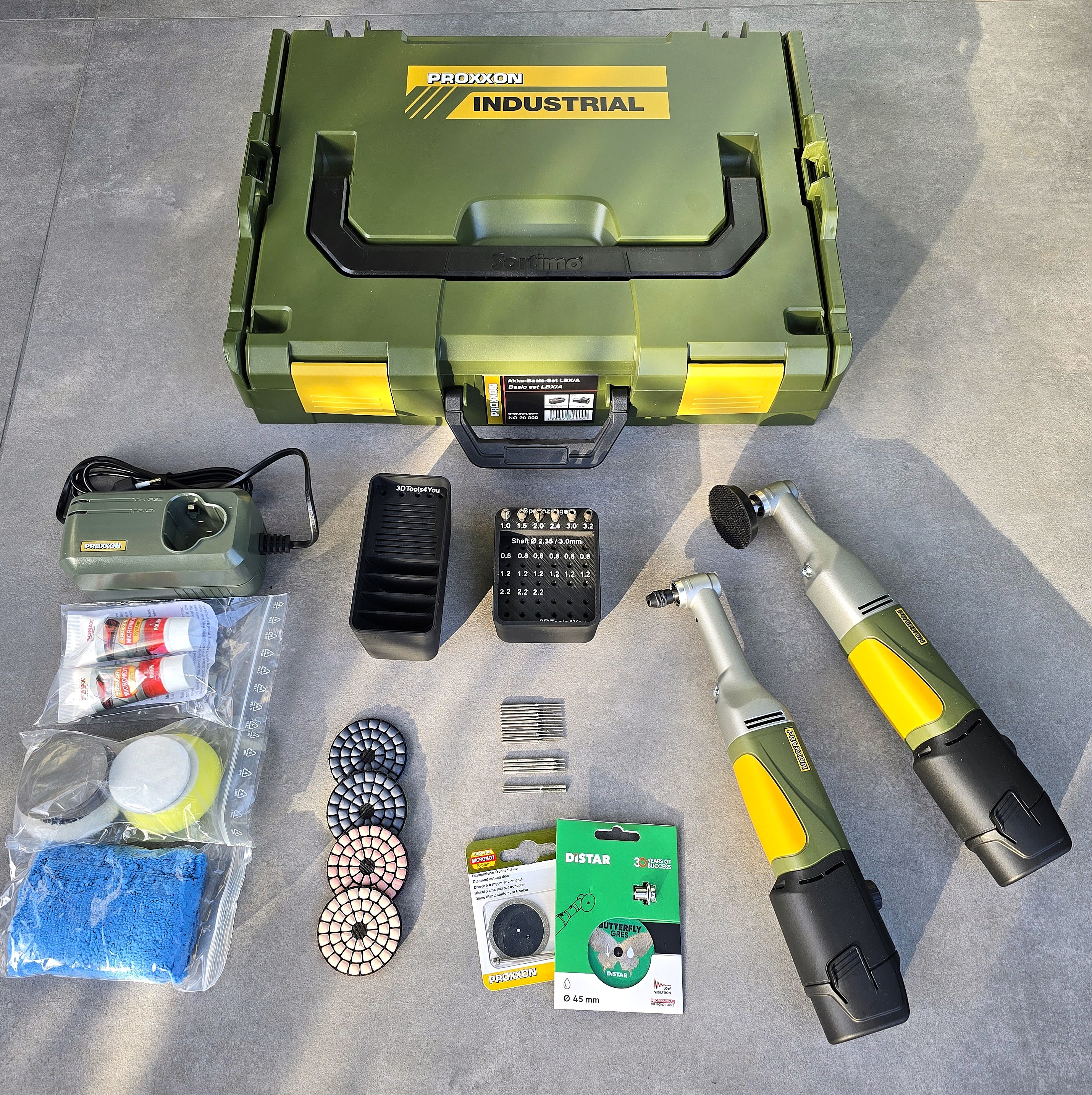 Proxxon Fliesen Set, Winkelbohrer + Winkelpolierer 10,8v Akku + Zubehör